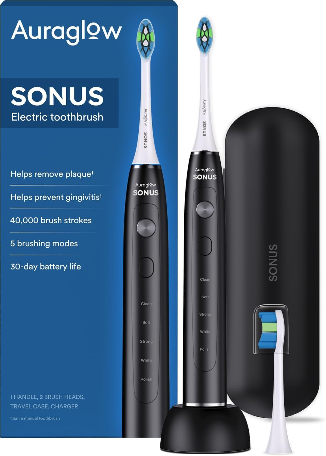 auraglow-sonus-electric-toothbrush with box and charger