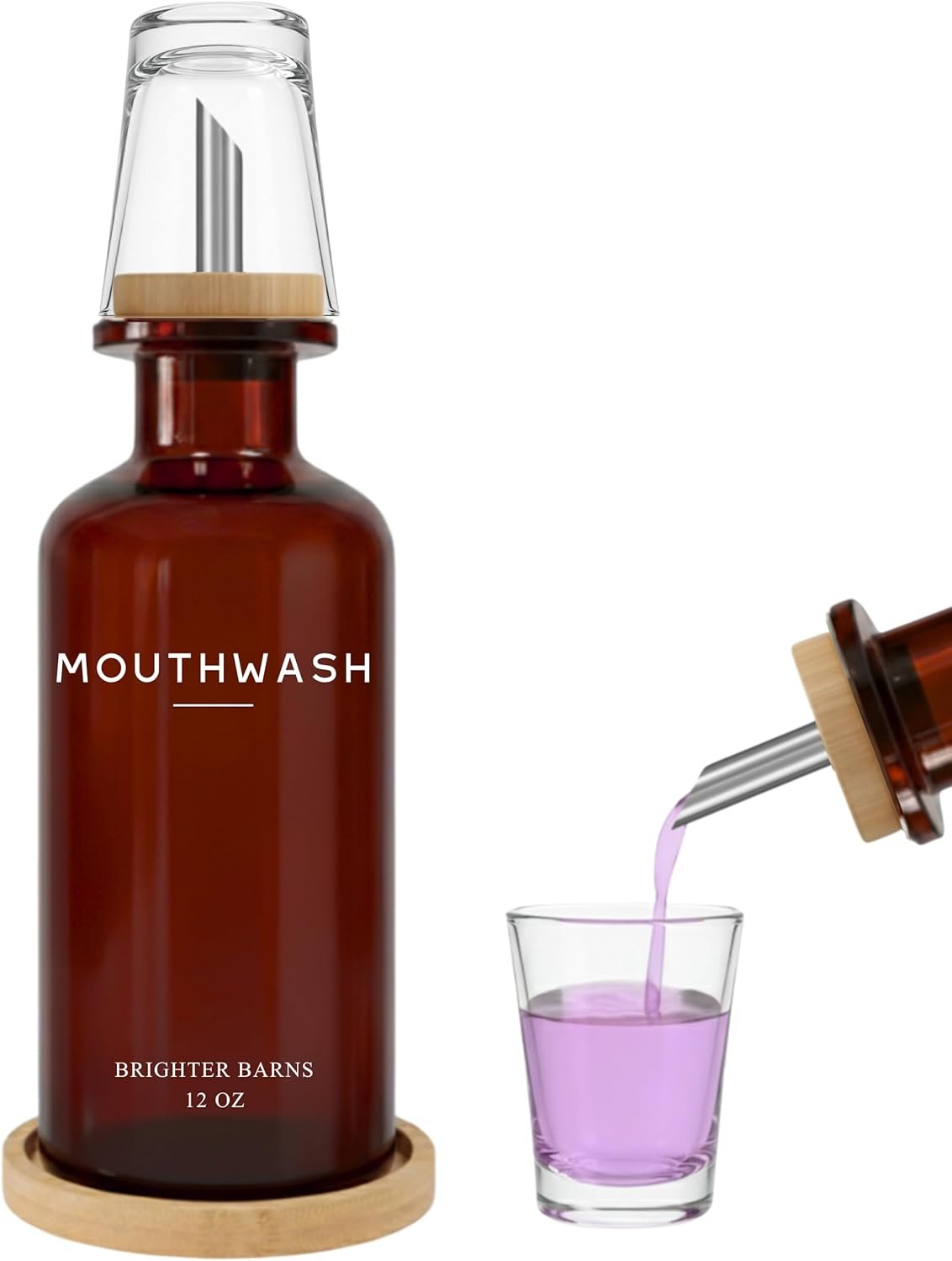brighter barns amber colored mouthwash dispenser with shot glass