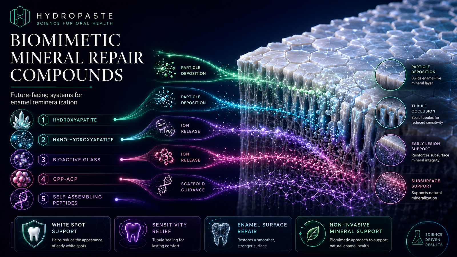Biomimetic Mineral Repair Compounds for Enamel Remineralization Biomimetic mineral repair compounds infographic showing hydroxyapatite, nano-hydroxyapatite, bioactive glass, CPP-ACP, and self-assembling peptides supporting enamel remineralization.