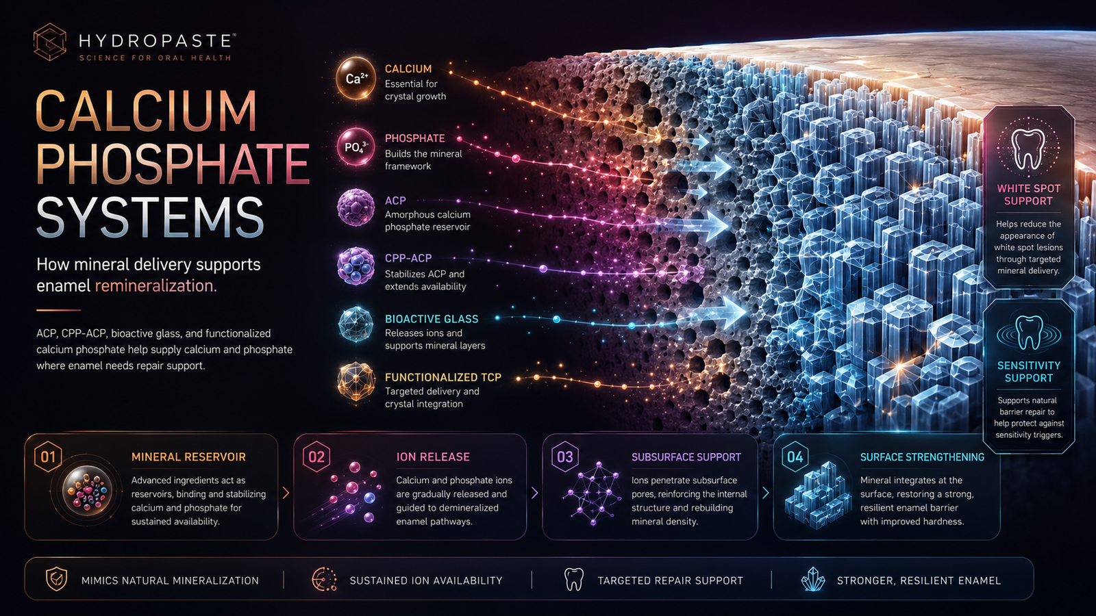 Calcium Phosphate Systems for Enamel Remineralization Calcium phosphate systems infographic showing enamel remineralization with calcium ions, phosphate ions, ACP, CPP-ACP, bioactive glass, and functionalized TCP supporting enamel repair.