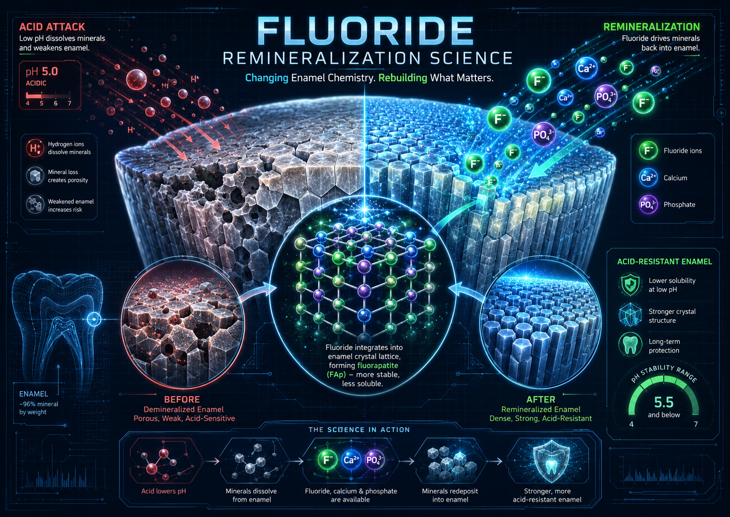 Fluoride Remineralization Science: How Fluoride Rebuilds Acid-Resistant Enamel Fluoride remineralization science infographic showing acid attack, enamel mineral loss, fluoride ions, calcium, phosphate, fluorapatite formation, and stronger acid-resistant enamel.