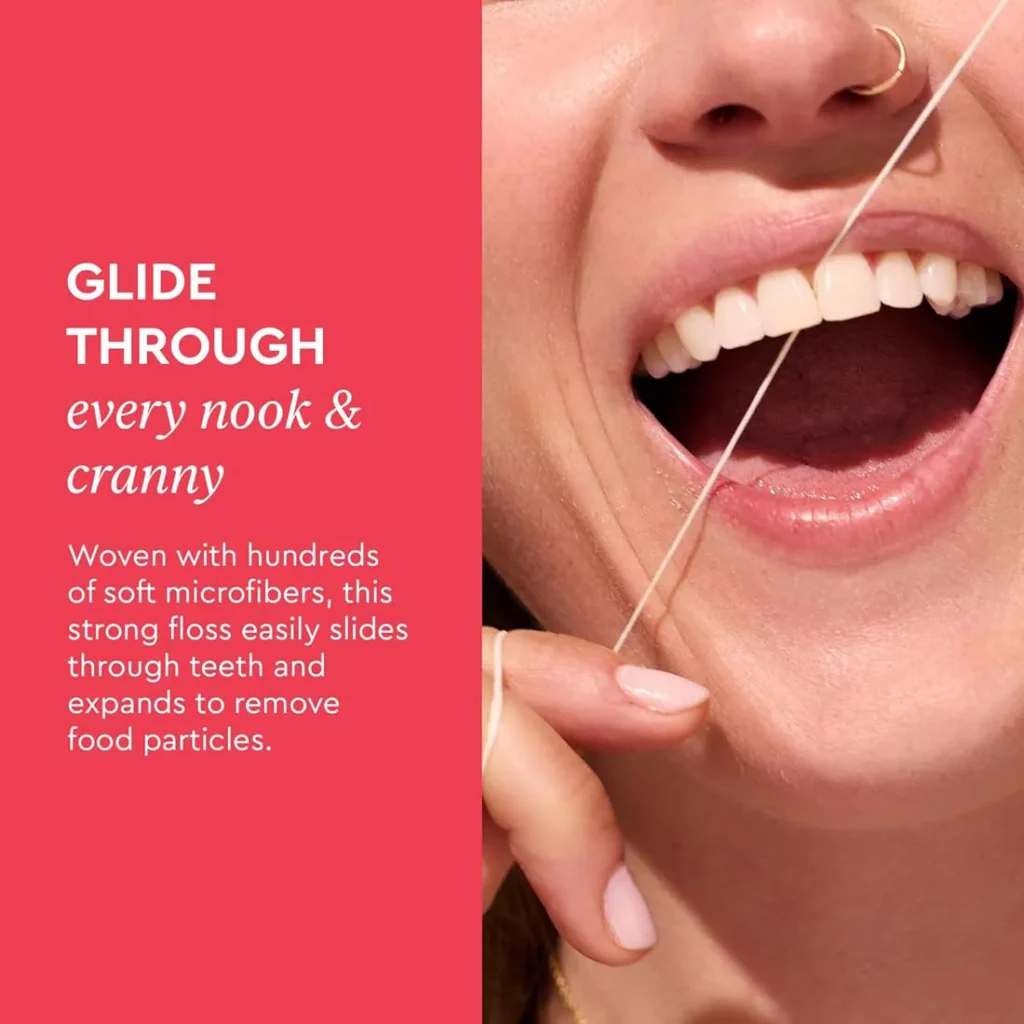 Boka ela mint dental floss being used by a woman for a better smile