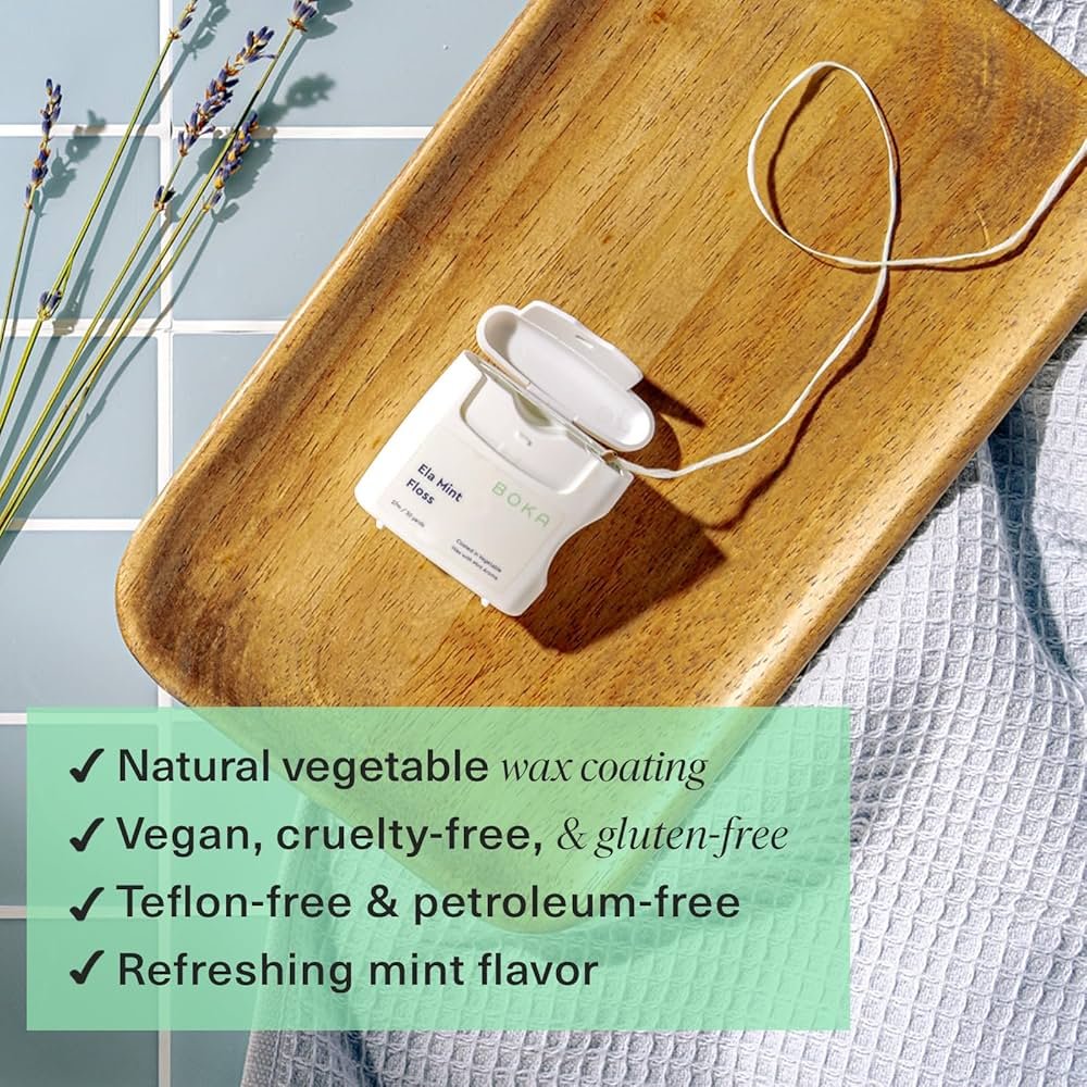 Boka expanding dental floss wrapped in vegetable wax, free from PFAS and Teflon.