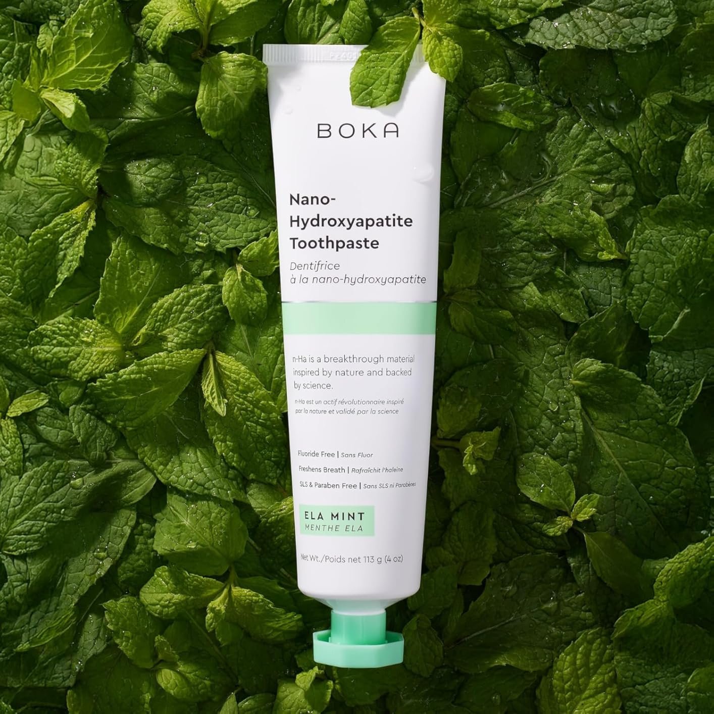 Tube of Boka Ela Mint nano-hydroxyapatite toothpaste for enamel remineralization and sensitivity relief.