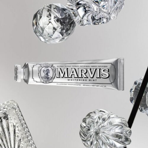 Close up of the ornate Marvis toothpaste cap and apothecary-style packaging.
