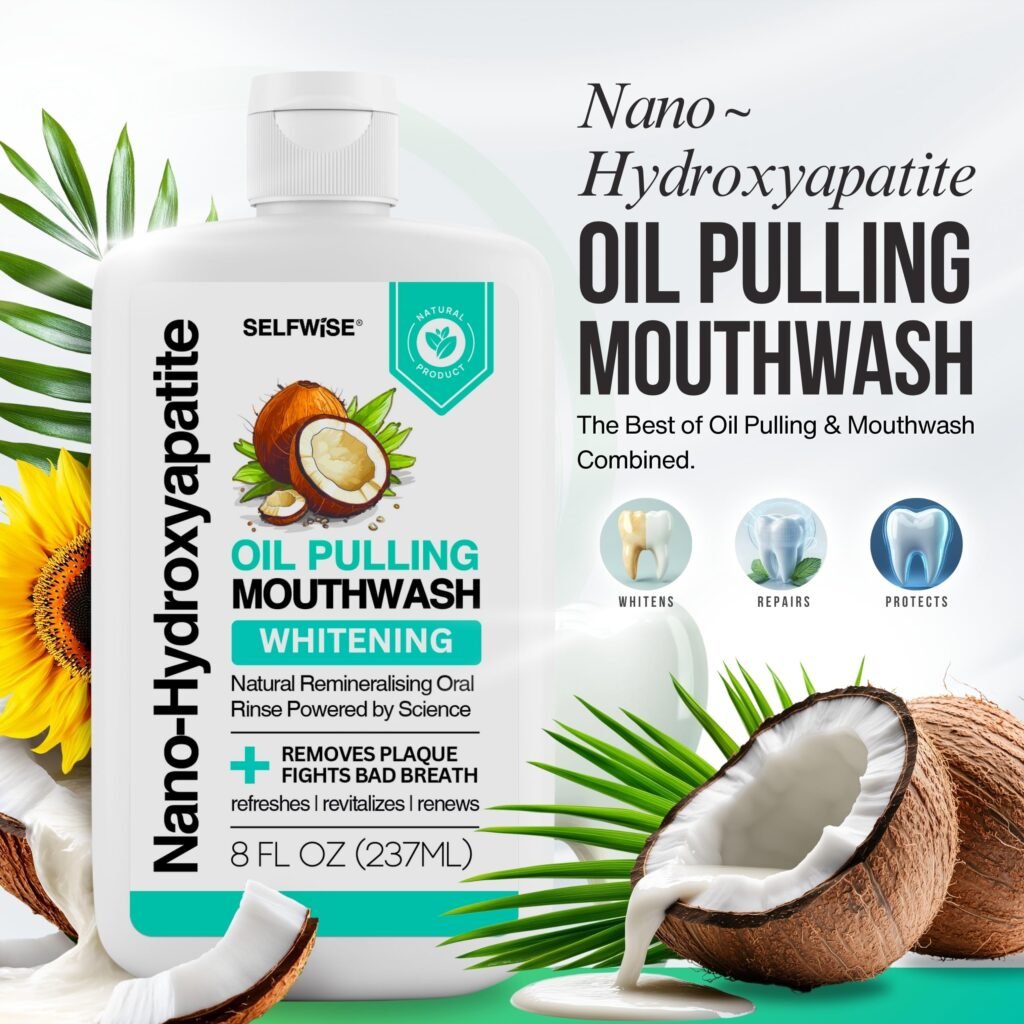 Nano-hydroxyapatite oil pulling mouthwash bottle on a bathroom vanity.
