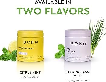 Boka travel-size mouthwash tablets in citrus mint flavor and lemon grass flavor
