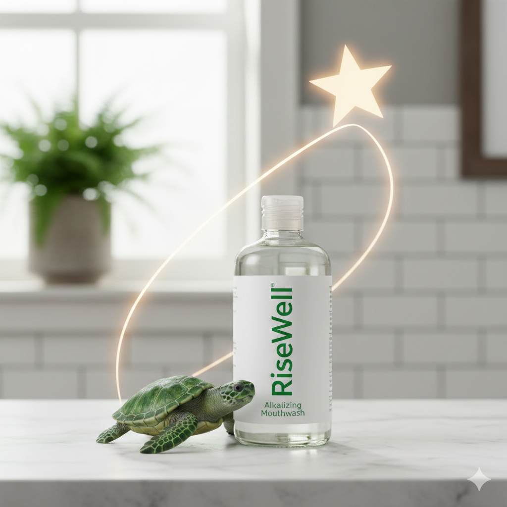 risewell mouthwash with a rising star and a turtle besides the bottle
