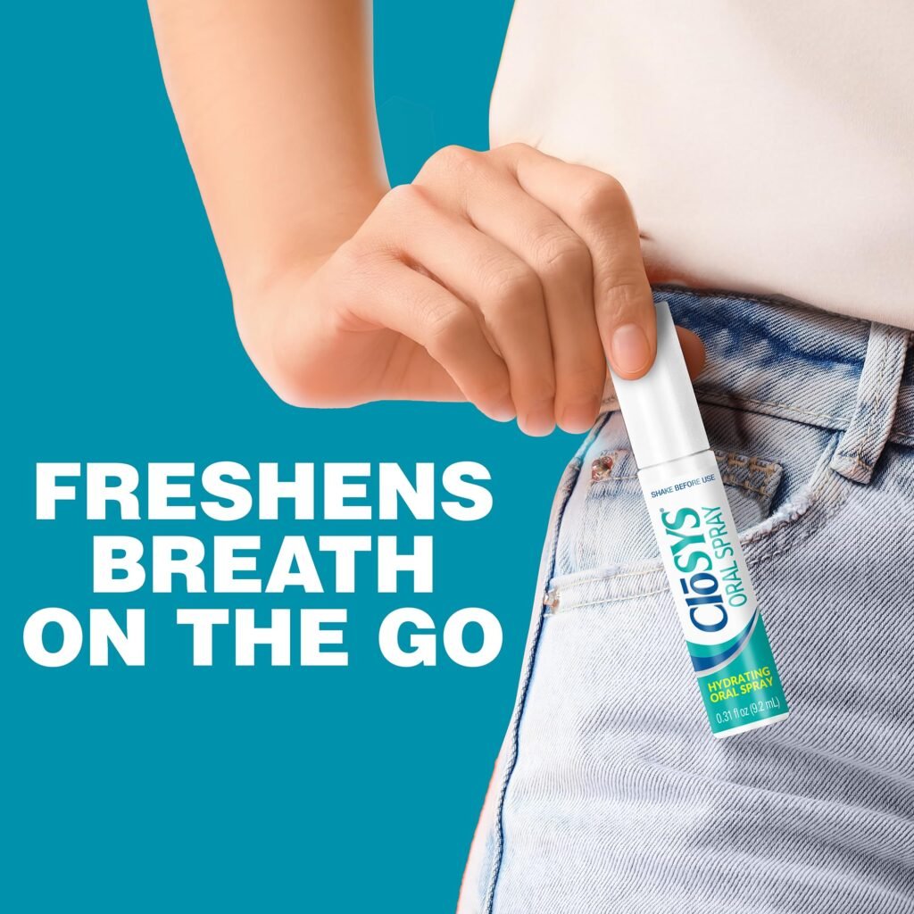 person holding CloSYS Hydrating Oral Spray that freshens breath on the go