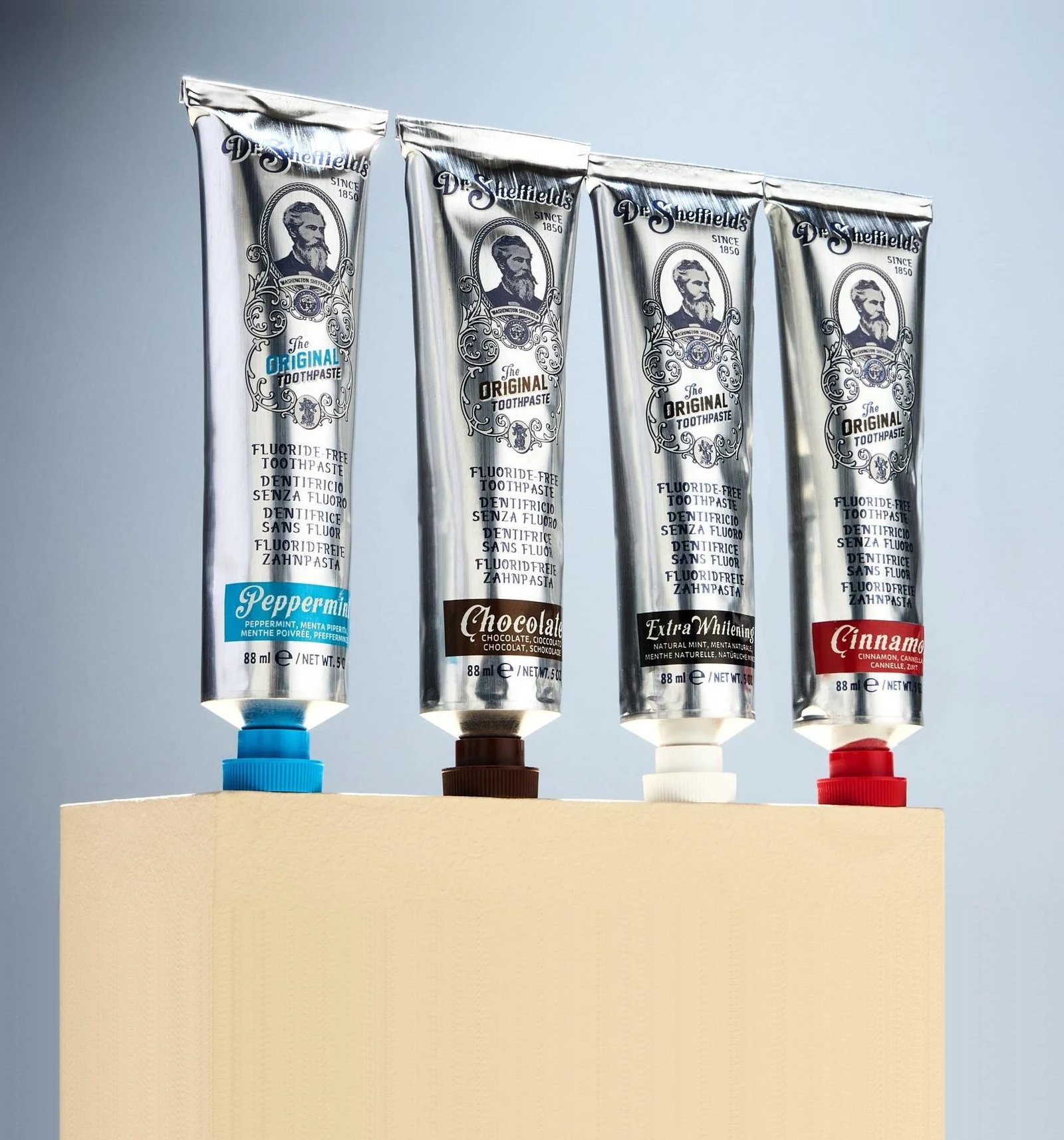 dr.sheffields toothpastes on wood block
