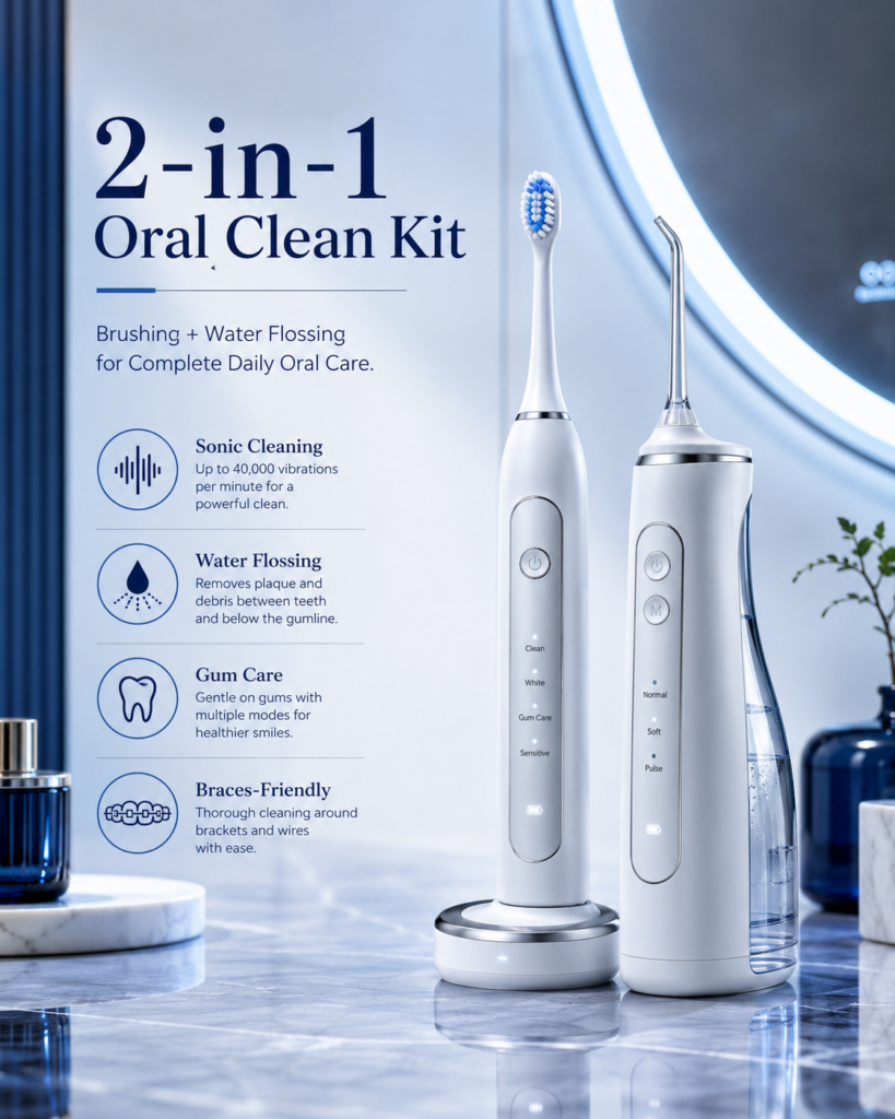 2-in-1 oral clean kit featuring an electric toothbrush with water flosser combo for daily brushing, gum care, braces cleaning, and complete oral hygiene.