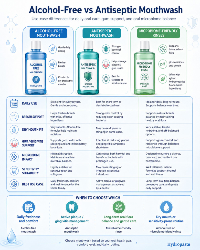 Scientific infographic comparing alcohol free mouthwash, antiseptic mouthwash, and microbiome-friendly rinses for breath, gums, dry mouth, sensitivity, and oral microbiome balance.