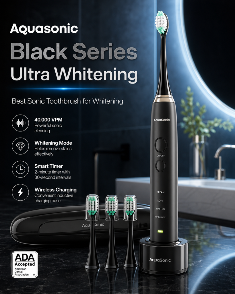 Aquasonic Black Series Ultra Whitening sonic toothbrush in a premium studio bathroom setting with wireless charger, replacement brush heads, whitening mode, and smart timer features.