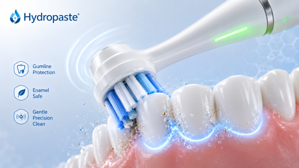 Best electric toothbrush for gum health visual showing pressure sensor alerts, soft bristles, gumline protection, and safe brushing technique.