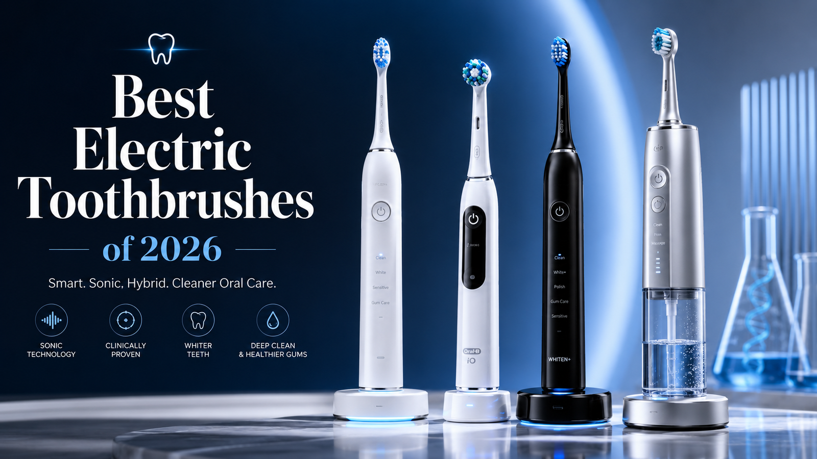 Studio hero image showing the best electric toothbrushes of 2026, including sonic toothbrushes, smart rechargeable toothbrushes, whitening toothbrushes, and a hybrid toothbrush with water flosser.