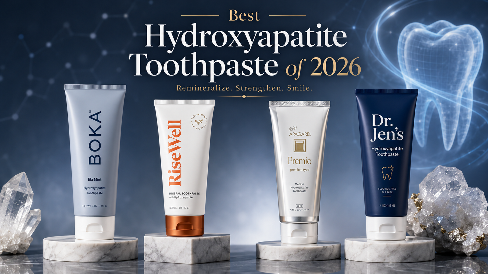 Best hydroxyapatite toothpaste of 2026 hero image featuring Boka, RiseWell, Apagard Premio, and Dr. Jen’s toothpaste in a luxury studio setting.