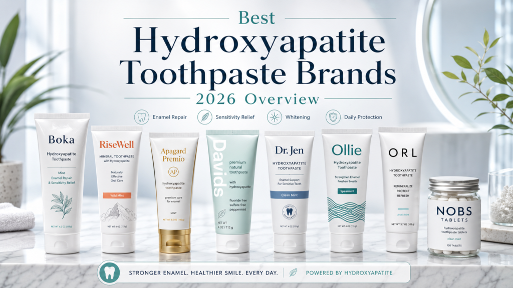 Comparison image showing the best hydroxyapatite toothpaste brands of 2026, including Boka, RiseWell, Apagard Premio, Davids, Dr. Jen, Ollie, ORL, and NOBS tablets.