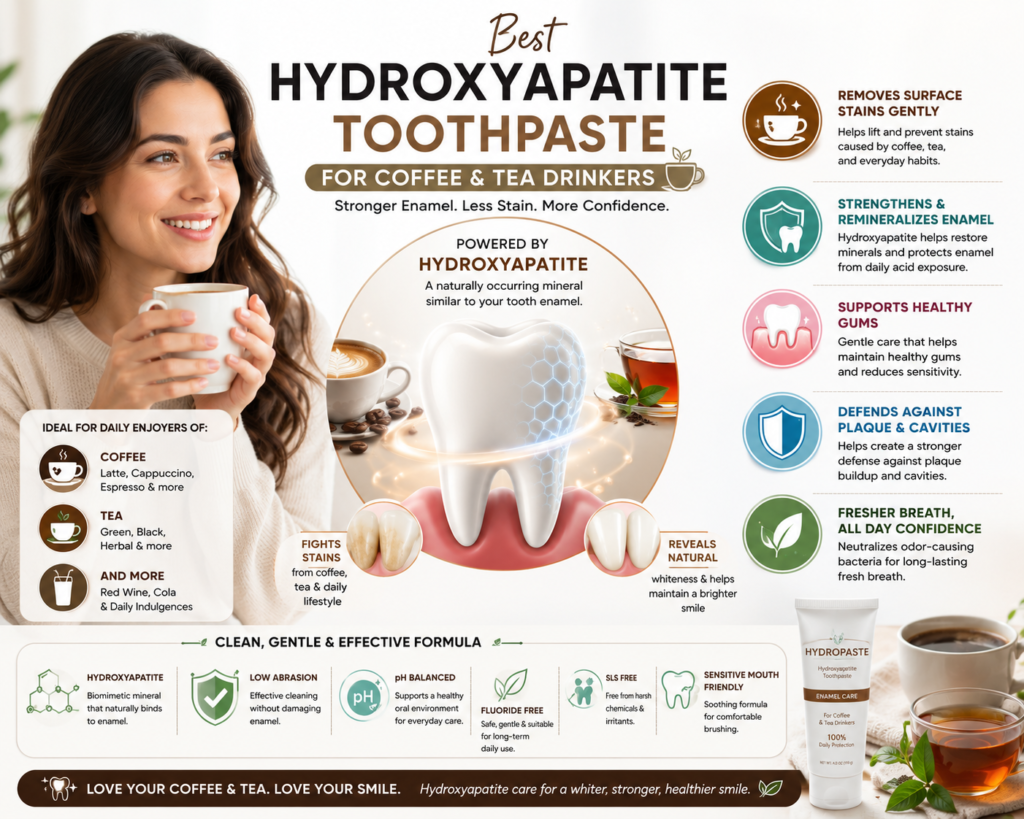 Infographic showing best hydroxyapatite toothpaste for coffee and tea drinkers with surface stain removal, enamel remineralization, pH-balanced care, plaque defense, and fresh breath support.