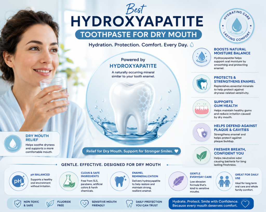 Infographic showing best hydroxyapatite toothpaste for dry mouth with enamel remineralization, moisture balance, pH support, gum comfort, plaque defense, and fresh breath benefits.