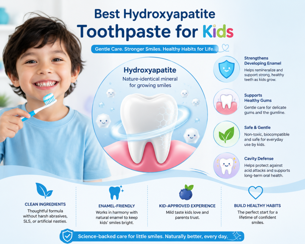 Kid-friendly infographic showing best hydroxyapatite toothpaste for kids with enamel support, developing tooth protection, gentle gum care, cavity defense, and clean ingredient benefits.