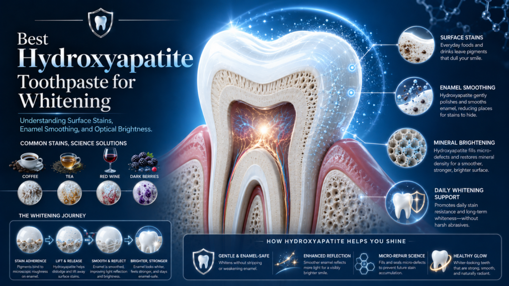 Scientific illustration of best hydroxyapatite toothpaste for sensitive teeth, showing enamel support, dentin tubule protection, and sensitivity triggers such as cold, heat, sweet, and acidic foods.