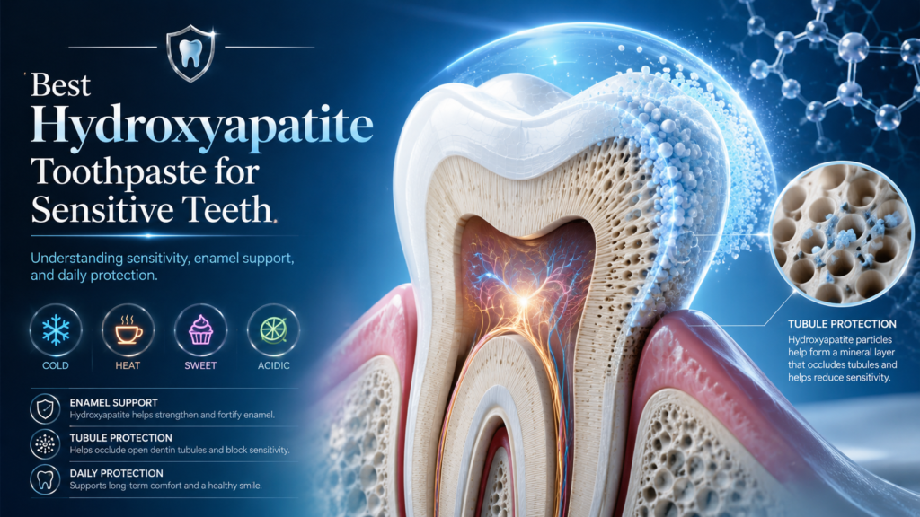 Scientific illustration of best hydroxyapatite toothpaste for sensitive teeth, showing enamel support, dentin tubule protection, and sensitivity triggers such as cold, heat, sweet, and acidic foods.