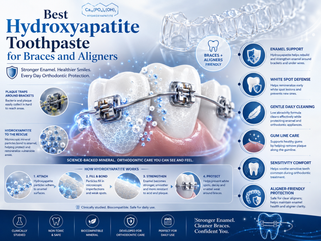 Orthodontic oral care infographic showing best hydroxyapatite toothpaste for braces and aligners with enamel support, white spot defense, plaque control, gumline care, and sensitivity protection.