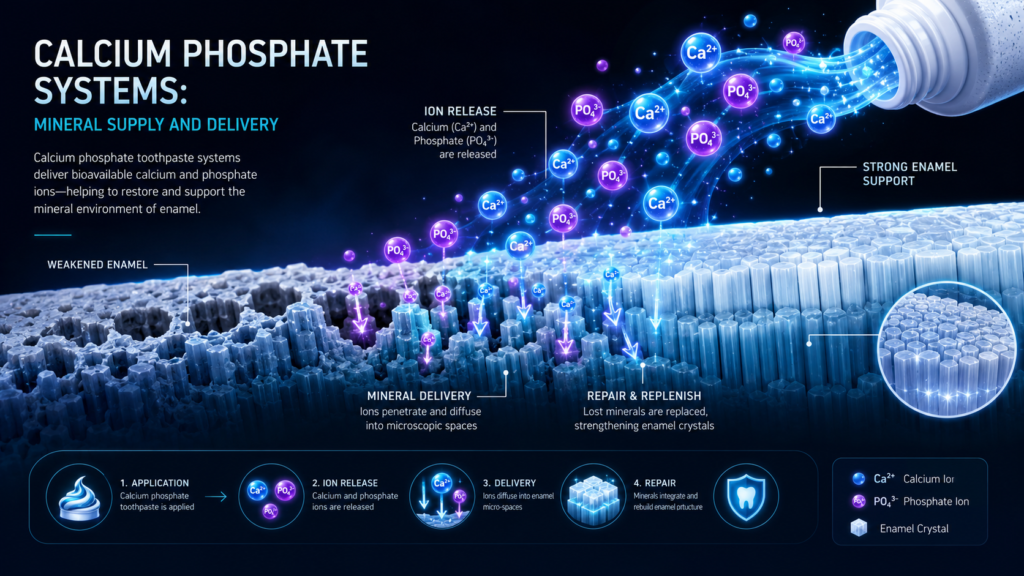 `Calcium phosphate systems infographic showing calcium and phosphate ions delivered to weakened enamel for mineral supply, repair and remineralization support.