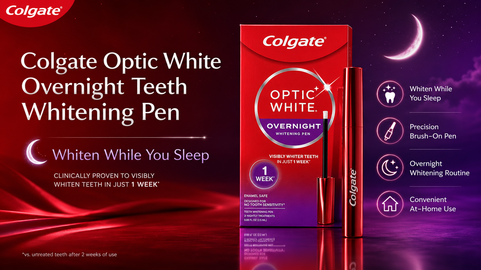Colgate Optic White Overnight Teeth Whitening Pen hero image showing whitening pen, product box, nighttime glow, and infographic benefits for at-home teeth whitening.