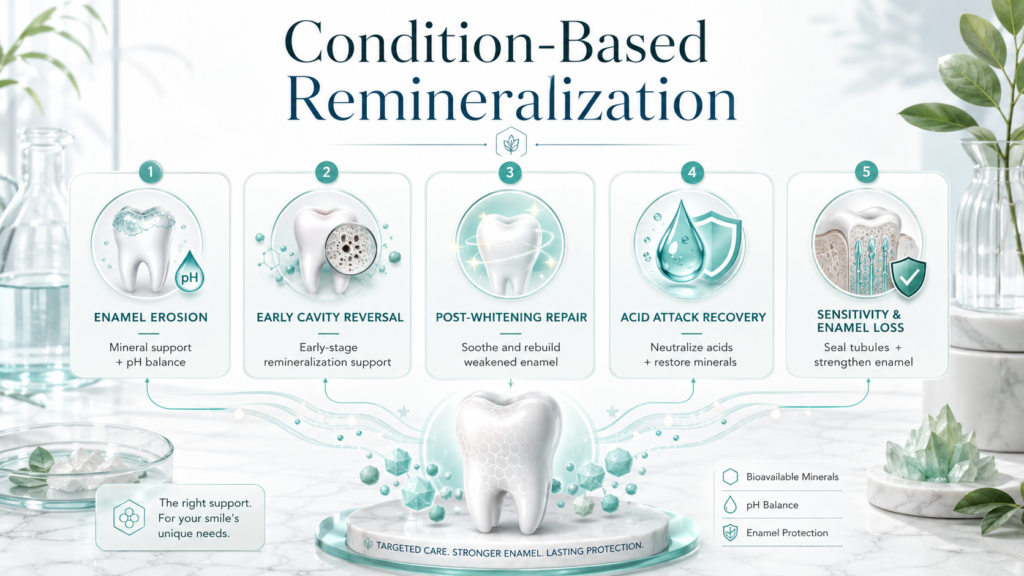 Condition-based remineralization infographic showing enamel erosion, early cavity reversal, post-whitening repair, acid attack recovery, and sensitivity with enamel loss.