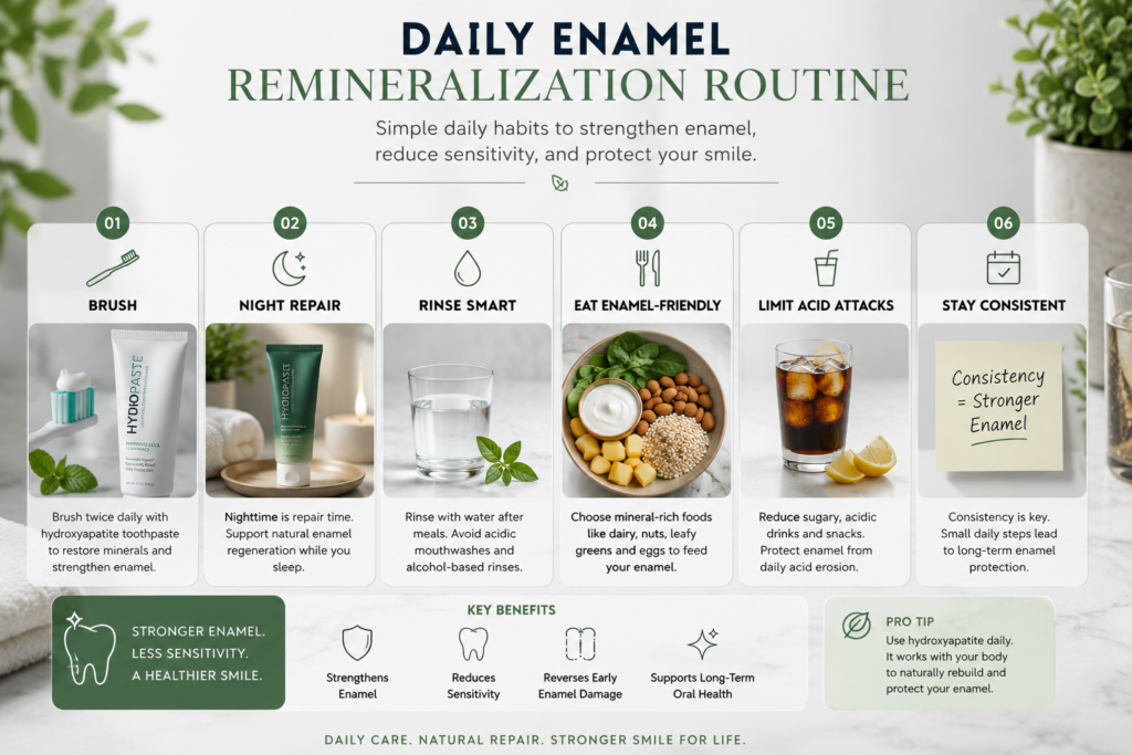 Daily enamel remineralization routine infographic showing step-by-step habits for brushing, night repair, rinsing after meals, enamel-friendly eating, limiting acid attacks, and staying consistent.
