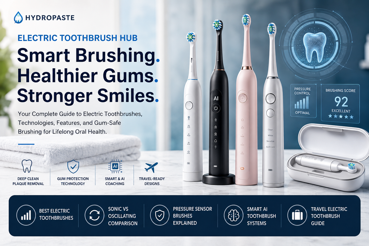 Electric Toothbrush Hub hero image showing smart electric toothbrushes, sonic brushing technology, pressure sensor features, AI oral care systems, and travel toothbrush solutions for healthier gums and plaque removal