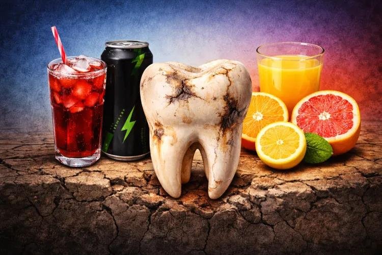 acidic beverages causing tooth enamel erosion close up dental damage