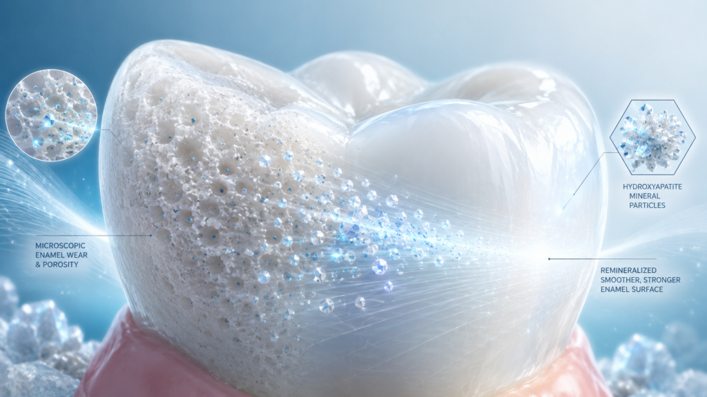 Scientific image showing enamel remineralization with hydroxyapatite mineral particles repairing microscopic enamel wear and creating a smoother, stronger tooth surface.