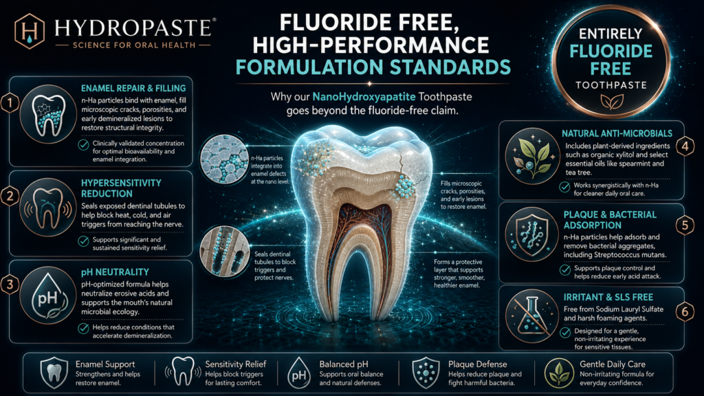 Fluoride free toothpaste infographic showing nano hydroxyapatite enamel repair, sensitivity relief, pH balance, plaque defense, natural antimicrobials, and SLS-free gentle oral care.