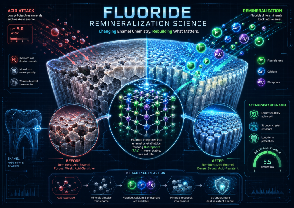 `Fluoride remineralization science infographic showing acid attack, fluoride ions, calcium and phosphate minerals rebuilding enamel into a stronger acid-resistant surface`