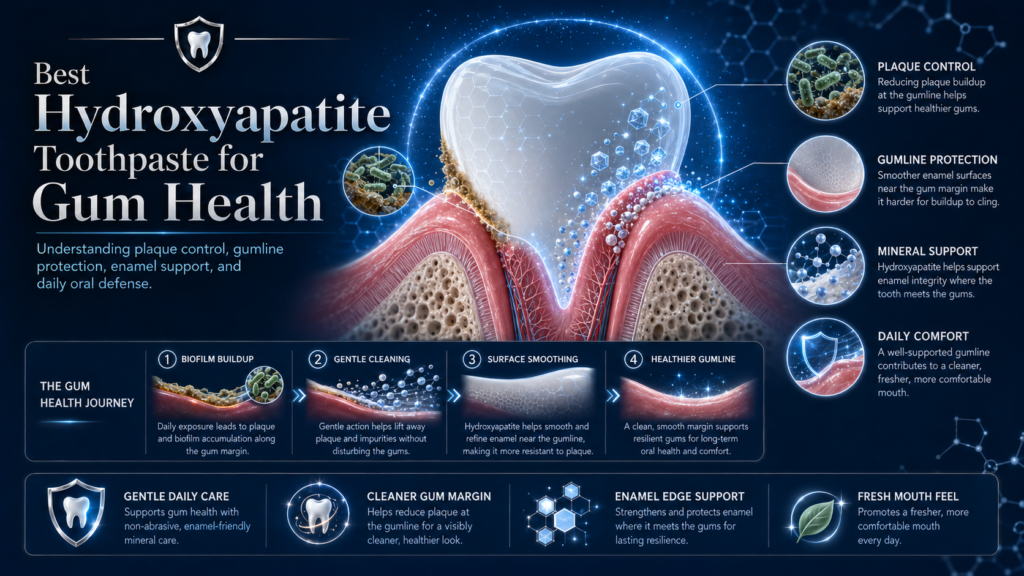 Science infographic showing how hydroxyapatite toothpaste supports gum health by helping reduce plaque buildup, protect the gumline, smooth enamel near the gums, and support daily oral defense.