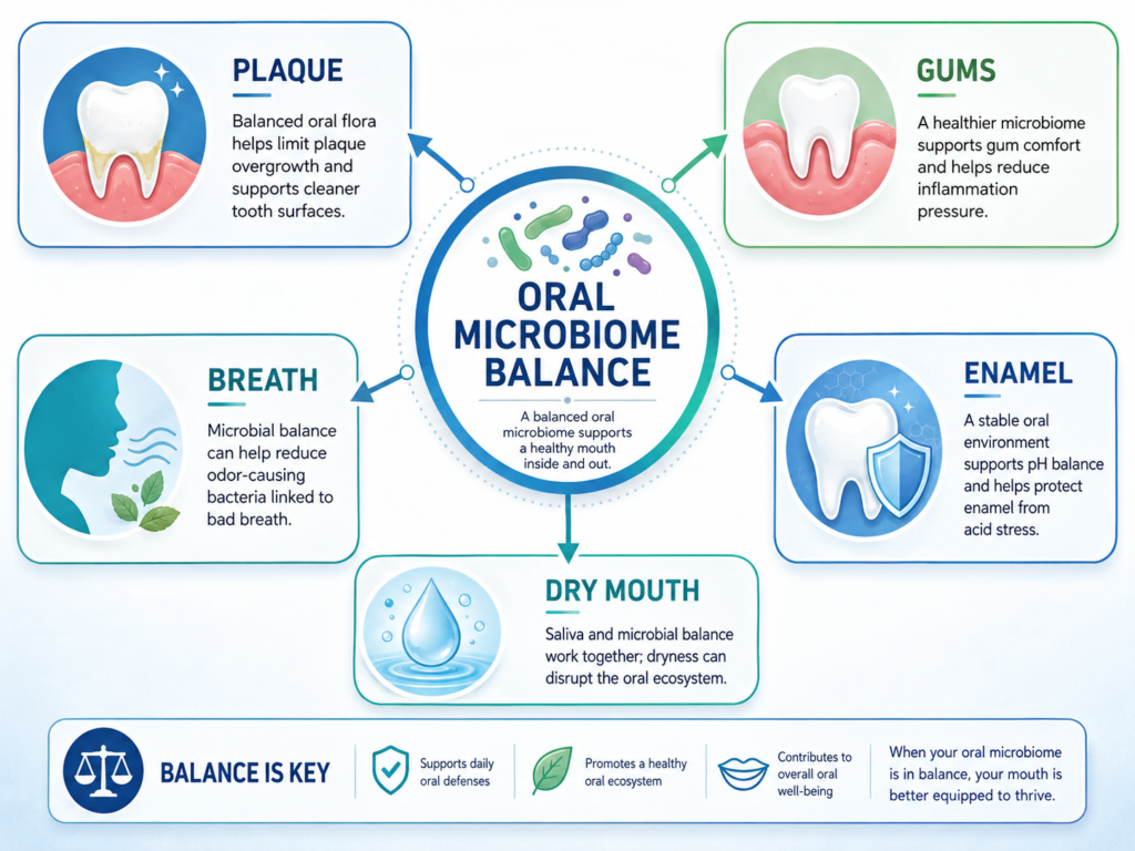 Healthy oral microbiome ecosystem showing saliva, enamel, gums, plaque biofilm, and beneficial bacteria balance