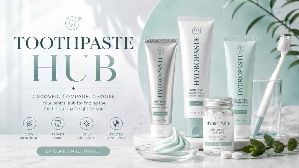 Hydropaste branded Toothpaste Hub hero image showing toothpaste tubes, toothpaste tablets, a toothbrush, and mint oral care products in a clean modern studio setting.