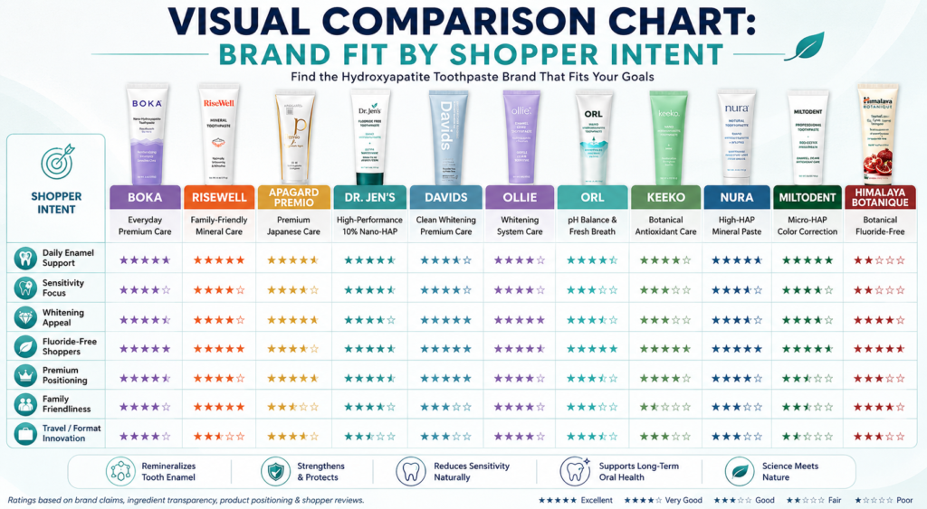 Visual comparison chart of buy hydroxyapatite toothpaste brands by shopper intent, including Boka, RiseWell, Apagard Premio, Dr. Jen’s, Davids, Ollie, ORL, Keeko, Nura, Miltodent, and Himalaya Botanique.
