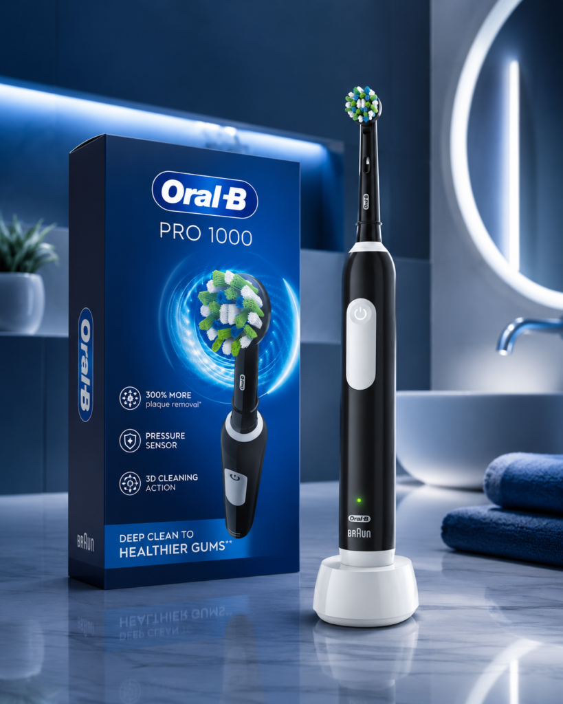 Oral-B Pro 1000 electric toothbrush product image with rechargeable handle, round brush head, pressure sensor, 3D cleaning action, and deep plaque removal features.
