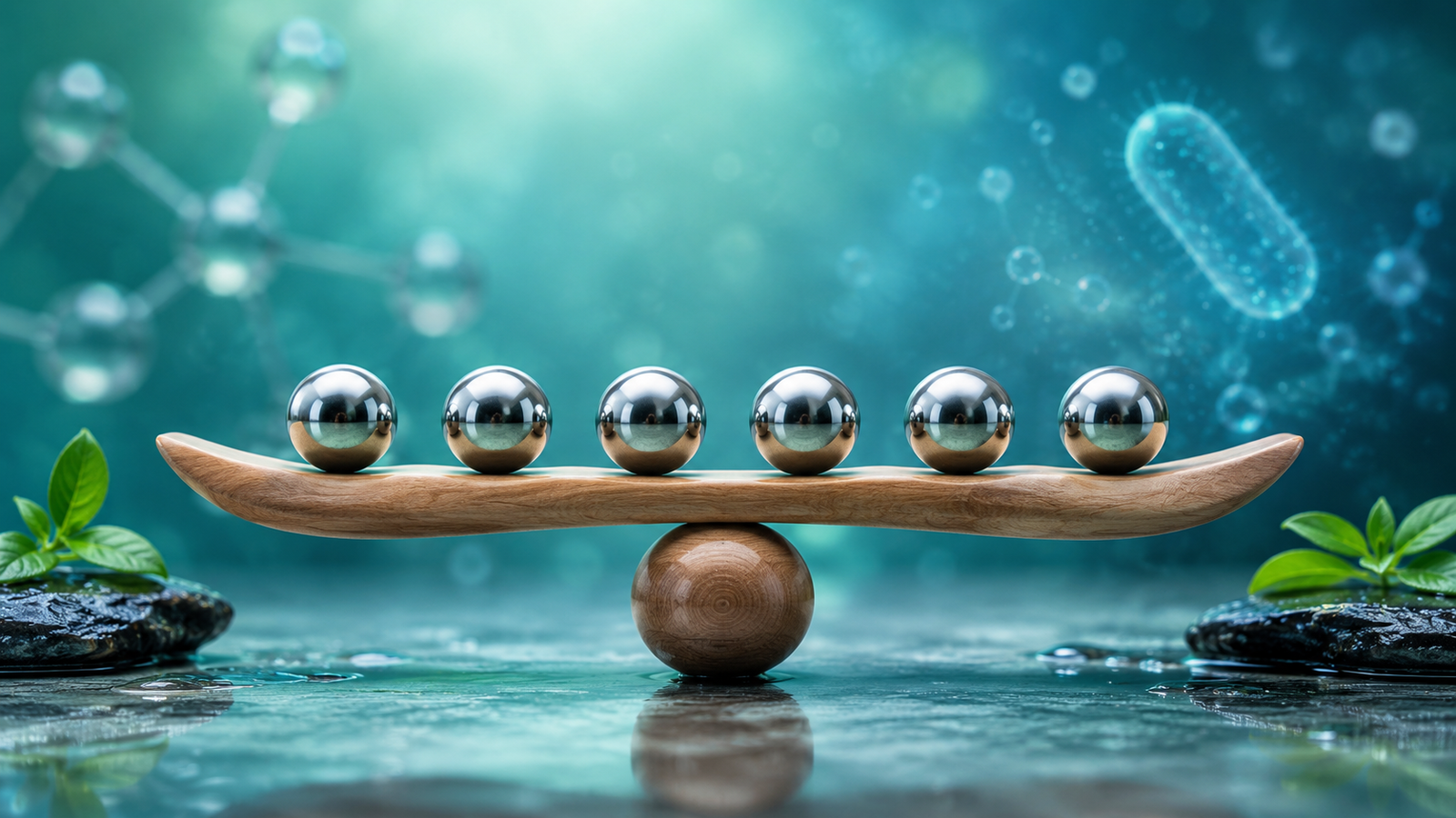 Metal spheres balanced on a wooden beam symbolizing oral microbiome balance, healthy oral flora, gum health, and microbiome-friendly dental care.