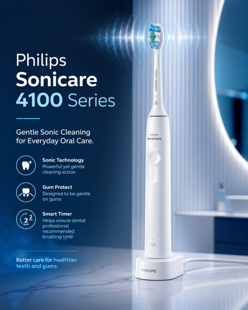 Philips Sonicare 4100 Series electric toothbrush product showcase with sonic cleaning technology, gum protection, smart timer, and gentle daily oral care features.