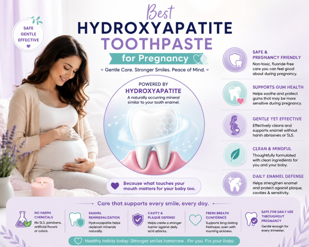 Pregnancy oral care infographic showing best hydroxyapatite toothpaste for pregnancy with gentle enamel remineralization, gum health support, plaque defense, fresh breath, and daily fluoride-free brushing.