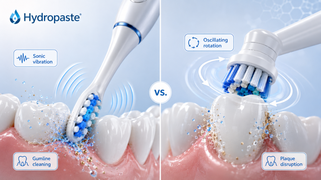 Sonic toothbrush vs oscillating rotating toothbrush motion chart comparing vibration cleaning, round head rotation, gum comfort, and plaque control.