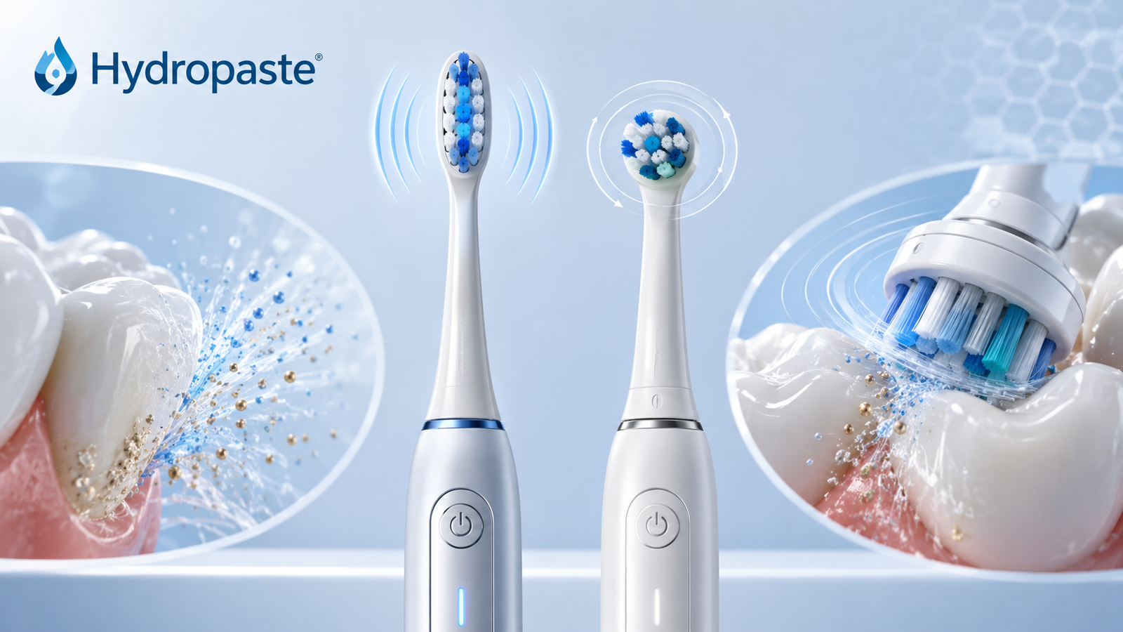Sonic vs oscillating toothbrushes comparison showing electric toothbrush head motion, gumline cleaning, plaque removal, and Hydropaste oral care technology guide.