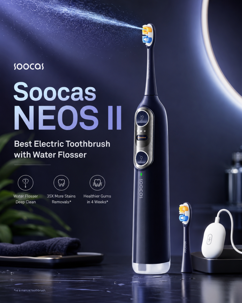 Soocas NEOS II electric toothbrush with water flosser in a premium product-style display, highlighting hybrid brushing and flossing technology for deep daily oral cleaning.