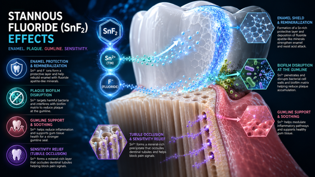 Stannous fluoride effects infographic showing enamel remineralization, plaque biofilm disruption, gumline support, and dentinal tubule occlusion for sensitivity relief