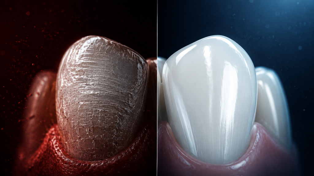 Split-view comparison of enamel abrasion and safe tooth polishing showing a rough damaged tooth beside a smooth polished tooth.