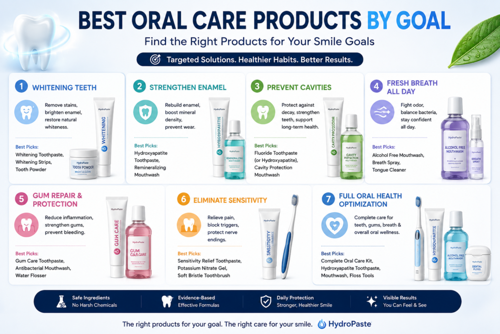 Best oral care products by goal infographic showing whitening teeth, strengthen enamel, prevent cavities, fresh breath all day, gum repair and protection, eliminate sensitivity, and full oral health optimization, including tooth powder and toothpaste solutions.